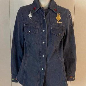 1990 Long Sleeve Blue Denim Shirt Hand Embroidery 100% Cotton Size 13/14